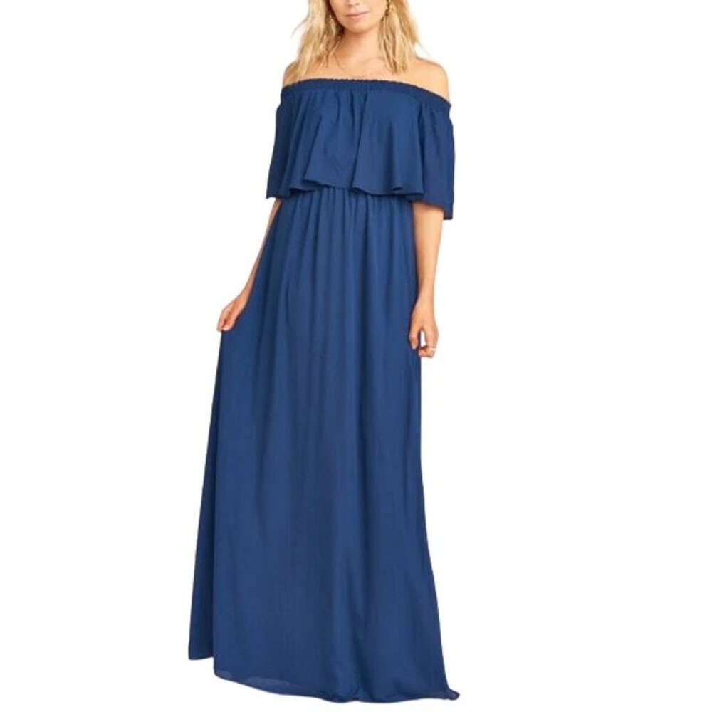 Show Me Your MuMu Hacienda Maxi Dress Strapless Off Shoulder Navy Blue (Size M)